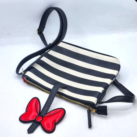 Disney Parks Minnie Mouse Black White Polka Dot Stripes Red Bow Crossbody Bag - Picture 8 of 16